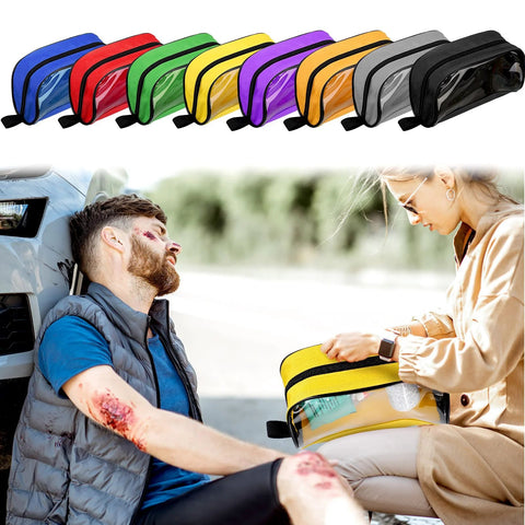 Eight-piece first aid pouch set with zippers and transparent windows in multiple colors.