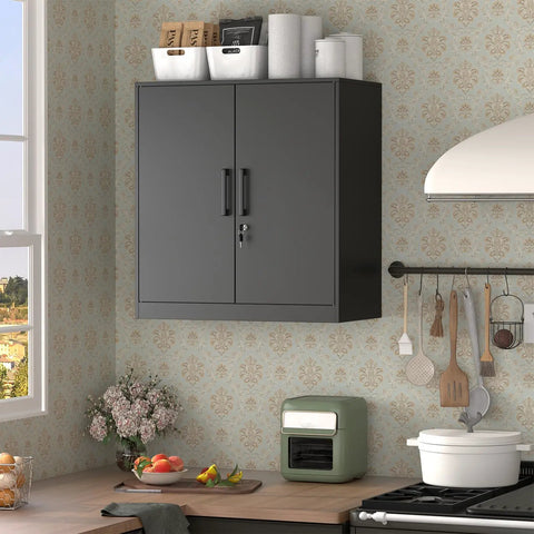 Metal Wall Cabinet With Lockable Doors mounted above kitchen counter, featuring powder-coated finish and 2 doors, black.