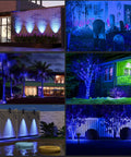 Blue Solar Spotlight Outdoor Lights Waterproof Auto On Off 180 Degree Adjustable illuminating various outdoor areas.