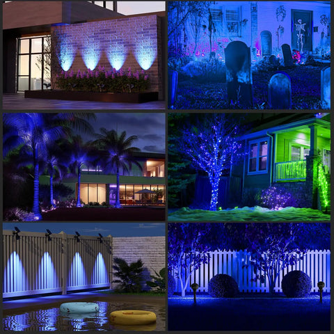 Blue Solar Spotlight Outdoor Lights Waterproof Auto On Off 180 Degree Adjustable illuminating various outdoor areas.