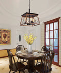 Farmhouse Rustic Square Chandelier Bronze And Black 4 Light Vintage Vibe Ceiling Light Fixture For Kitchen Dining Room Bar Entryway Foyer Living Room UL Listed above dining table.