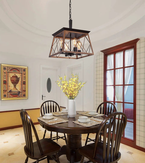 Farmhouse Rustic Square Chandelier Bronze And Black 4 Light Vintage Vibe Ceiling Light Fixture For Kitchen Dining Room Bar Entryway Foyer Living Room UL Listed above dining table.