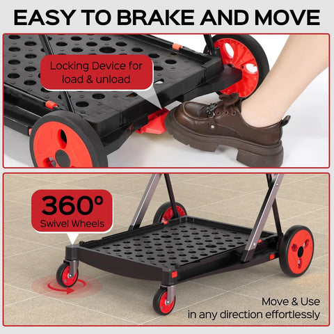 Collapsible Shopping Cart With Wheels 200 Lb Capacity showcasing foot brake and swivel wheels for easy movement on floor.