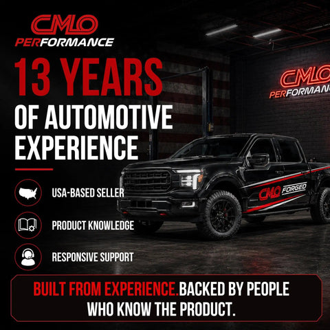CMO Performance truck showcasing 13 years of automotive experience with bold text and USA-based seller details.