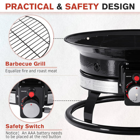 Smokeless Propane Fire Pit 53000 BTU Portable Outdoor Heater safety switch and barbecue grill details