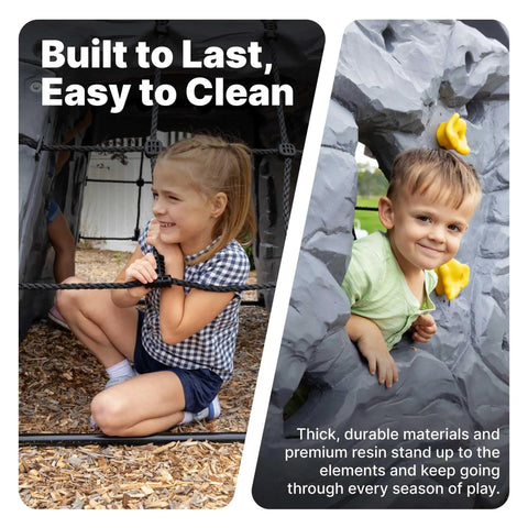 Children playing on Skyward Summit Climbing Wall Playset For Kids Ages Four To Eight, 6.5 Ft Four Sided Rock Wall in backyard.