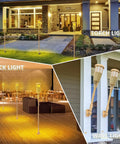 Upgraded Flickering Flame Solar Powered Torches to Light Up Outdoor Gardens and Patios Waterproof Decorative Lighting with Realistic Flame Patterns Handmade Bamboo Weave Look Energy Saving Weatherproof 2 Pack shown in torch, deck, and wall settings.