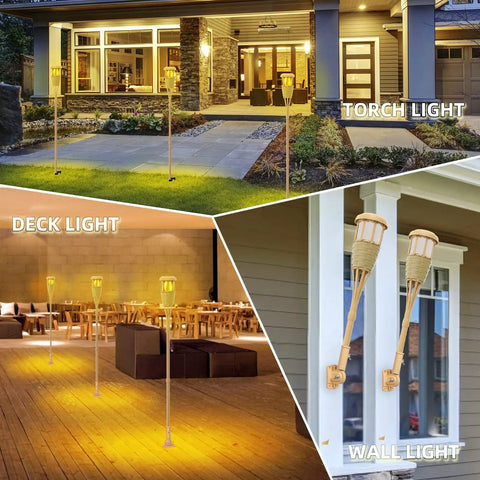 Upgraded Flickering Flame Solar Powered Torches to Light Up Outdoor Gardens and Patios Waterproof Decorative Lighting with Realistic Flame Patterns Handmade Bamboo Weave Look Energy Saving Weatherproof 2 Pack shown in torch, deck, and wall settings.