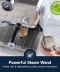 La Specialista Opera Espresso Machine With Cold Brew Built In Grinder 15 Settings For Single Or Double Dose Barista Level Steam Wand Delivers Smooth Micro Foam For Lattes And More EC9555M Renewed, showing powerful steam wand frothing milk.