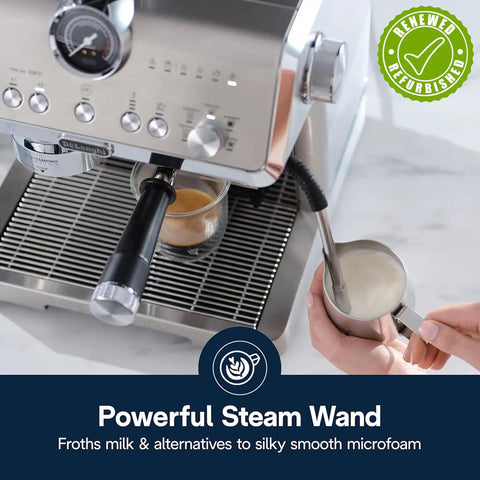 La Specialista Opera Espresso Machine With Cold Brew Built In Grinder 15 Settings For Single Or Double Dose Barista Level Steam Wand Delivers Smooth Micro Foam For Lattes And More EC9555M Renewed, showing powerful steam wand frothing milk.