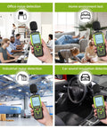 Portable Decibel Meter With 30 To 130 dB Range, shown in use for office, home, industrial, and car sound detection.