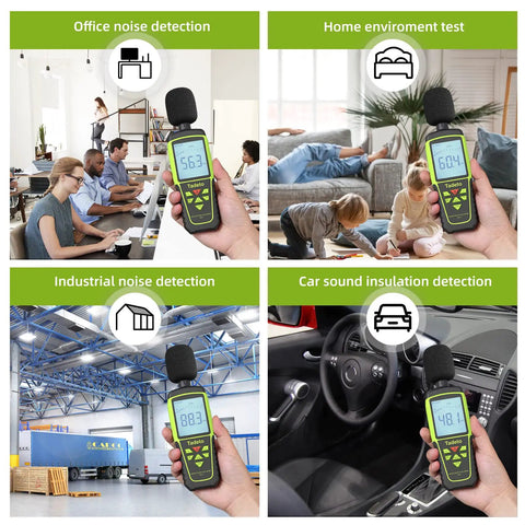 Portable Decibel Meter With 30 To 130 dB Range, shown in use for office, home, industrial, and car sound detection.