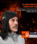 2 Layer Thermal Hard Hat Winter Liner With Flame Resistant Outer Shell And FR Lining in black on mannequin with flames background