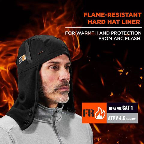 2 Layer Thermal Hard Hat Winter Liner With Flame Resistant Outer Shell And FR Lining in black on mannequin with flames background