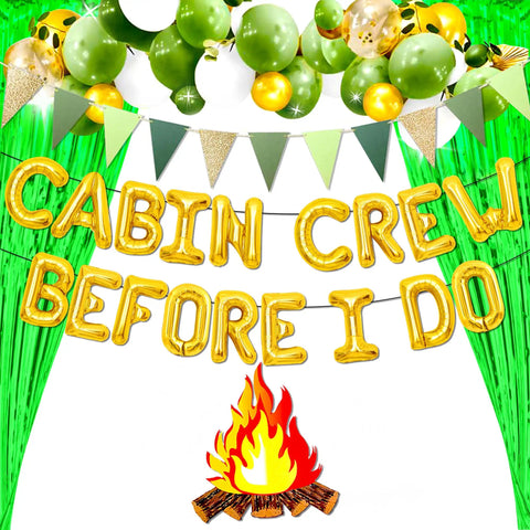 Before I Do Cabin Crew Bachelorette Party Sign Banner with green balloons and bunting for camping and mountain getaway.