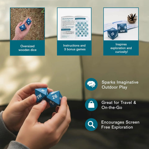 Hands holding Oversized 8-Sided Wooden Dice Set For Outdoor Adventures With Directional And Number Dice
