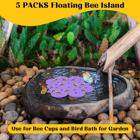5 Pack Floating Bee Islands With 6.5 Inch EVA Flower Shaped Watering Stations in a garden bird bath