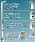 Marine Grade 316 Stainless Outdoor Shower Panel That Will Not Rust Built For Pools Backyards Beach Houses And Resorts Hot And Cold Water Connections Wall Mount Or Freestanding Installations UPC Registered shown with features and mounting options.