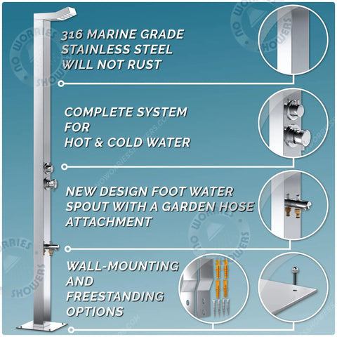 Marine Grade 316 Stainless Outdoor Shower Panel That Will Not Rust Built For Pools Backyards Beach Houses And Resorts Hot And Cold Water Connections Wall Mount Or Freestanding Installations UPC Registered shown with features and mounting options.
