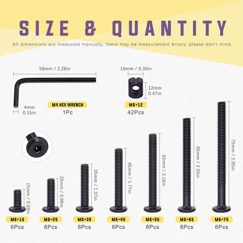 Size and quantity of 84Pcs Black M6 Crib Hardware Kit with hex socket screws, barrel nuts, Allen wrench; nickel-plated, rust-resistant.