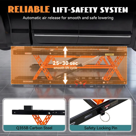 Heavy Duty 5000 Lb Portable Car Lift With Rock Solid Q355B Steel Scissor Jack, showcasing safety system with locking pin.