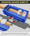 Enhanced drawer guide kit in blue with hinge length guide on wooden surface.