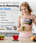 Portable Food Scale With Built In Nutritional Calculator displayed on kitchen counter with apple, used for meal prep tracking.