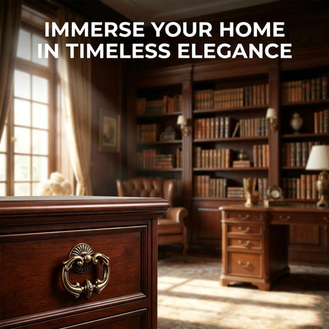 Vintage Antique Drawer Pulls and Knobs Set in Oil Rubbed Bronze With Classic Ring Handles on wooden drawer in a study.