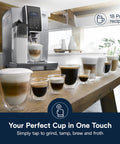One Touch Espresso Machine With Automatic Milk Frother And Built In Grinder For Barista Level Lattes And Cappuccinos Dead Simple Top Shelf Silver Kitchen Setup with glass cups of coffee