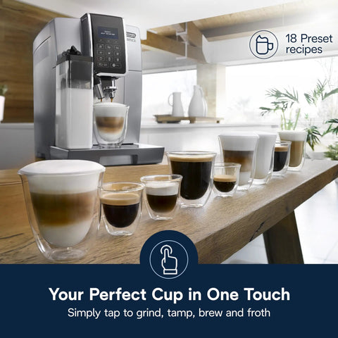 One Touch Espresso Machine With Automatic Milk Frother And Built In Grinder For Barista Level Lattes And Cappuccinos Dead Simple Top Shelf Silver Kitchen Setup with glass cups of coffee