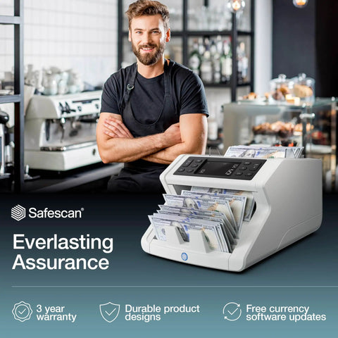 Beast Money Counter Machine With Counterfeit Detection Counts Up To 1000 Bills Per Minute on display with LCD screen in use