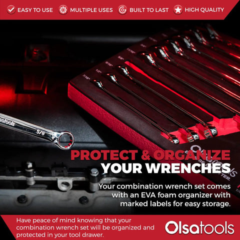 15 Piece SAE Combination Wrench Set Built From Chrome Vanadium Steel With Precision 12 Point Box End For Maximum Torque