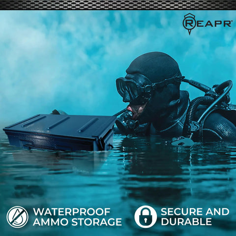 Diver with Beefy Heavy Duty Locking Ammo Can Storage Box Airtight and Watertight Steel Case For 30 Cal Or 50 Cal Rounds in water