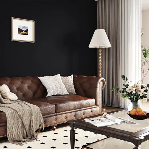 Living room with Matte Black Peel And Stick Wallpaper Self Adhesive Waterproof Countertop Paper For Cabinets And Walls Thick Renter Friendly Cover Sticks Easy With Knife And Rag 15.8 x 196 Inches (21.5 Sq Ft) For Kitchen Bedroom Living Room Camper behind a brown leather sofa