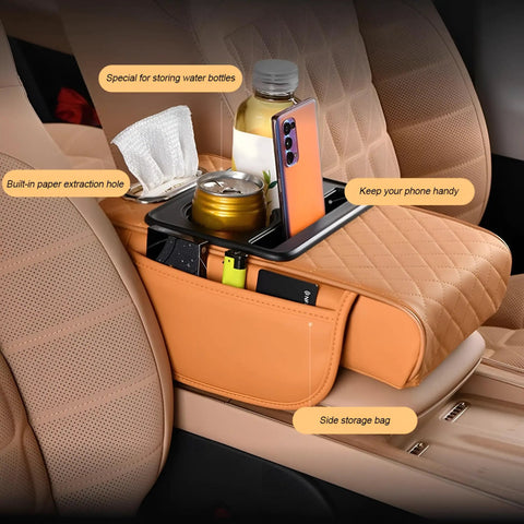 Comfy Car Center Console Armrest Pillow with memory foam, leather cover, tissue box, cup holders, and side pockets in use.