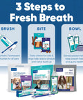 Dog dental care products including enzymatic toothpaste and chews, promoting 3 steps to fresh breath.