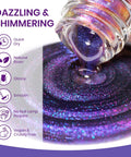 9D Magnetic Cat Eye Nail Polish Kit With Magnet Quick Dry Finish Dope Holographic Galaxy Lacquer That Requires Black Base Coat Non Gel Nail Polish For Women Girls 16ml Fast Dry Manicure shown being poured, highlighting its dazzling and shimmering glossy purple color.