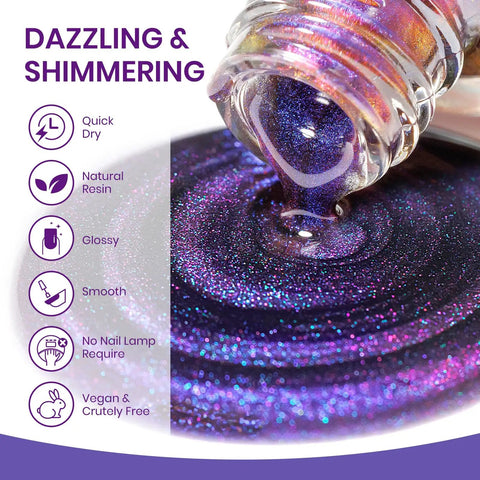 9D Magnetic Cat Eye Nail Polish Kit With Magnet Quick Dry Finish Dope Holographic Galaxy Lacquer That Requires Black Base Coat Non Gel Nail Polish For Women Girls 16ml Fast Dry Manicure shown being poured, highlighting its dazzling and shimmering glossy purple color.