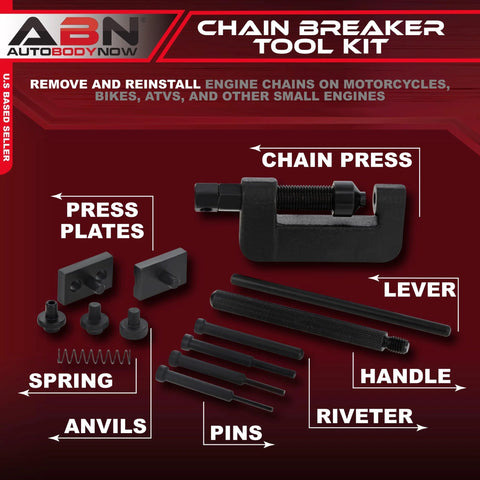 ABN chain breaker tool kit front view in black: press plates, rivet tool, handle, pins, springs, anvils