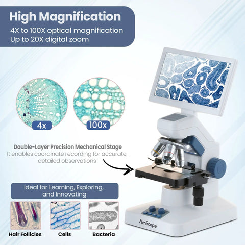 Digital microscope with dual-layer stage, displaying microscopic images. DM300HD 1200X Wireless Digital Microscope with 7 Inch IPS Screen.