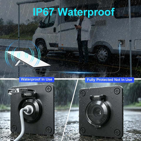 IP67 Waterproof Pass Through Power Port Mount for RVs and Marine Installations, 5.5x2.1mm DC connector with rain protection.