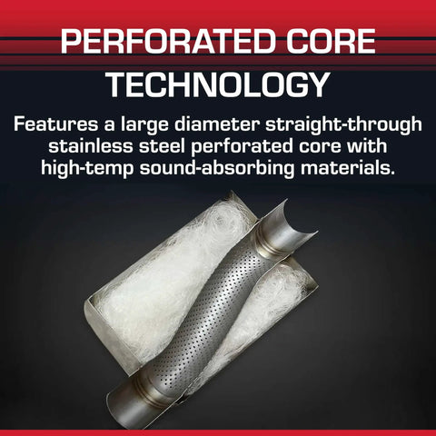 Flow FX Chambered Muffler For Modern Trucks And Muscle Cars 3 Inch Center In 3 Inch Center Out Stainless Steel Deep Yet Moderate Exhaust Tone With Straight Through Perforated Core Technology Ideal Daily Driver Upgrade. Showing perforated core and sound-absorbing materials.