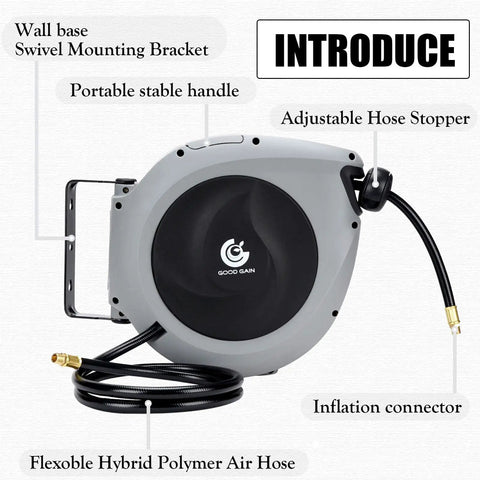 Image of a Retractable Air Hose Reel With Three Eighths Inch By 50 Ft Hybrid Polymer Hose Auto Rewind Enclosed Shop Ready Mount.