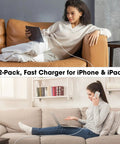 Women using 20W USB C Fast Charger Wall Block With 6 Ft Type C To USB C Cable For iPhone 17 16 15 Pro Max Air And iPad Pro Mini Universal PD 3.0 Fast Charging Up To Fifty Seven Percent In Thirty Minutes indoors on sofas.