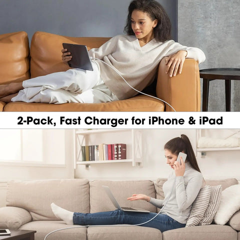 Women using 20W USB C Fast Charger Wall Block With 6 Ft Type C To USB C Cable For iPhone 17 16 15 Pro Max Air And iPad Pro Mini Universal PD 3.0 Fast Charging Up To Fifty Seven Percent In Thirty Minutes indoors on sofas.