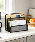Three Compartment Metal Mesh Mail Organizer For Letters Folders And Office Supplies Desktop Mail Sorter For Home And Office Organization Sturdy Desk Organizer That Keeps Your Desk Clutter Free And Ready on a kitchen countertop
