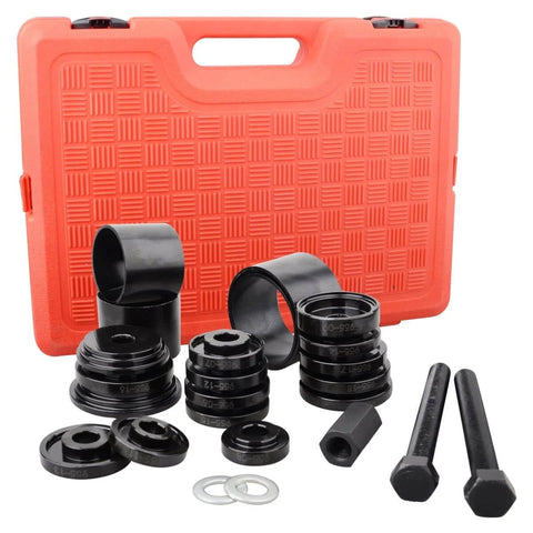 24 Piece Front Wheel Drive Bearing Removal Tool And Press Kit With Pro Grade Adapters And Bearing Installer displayed with red case