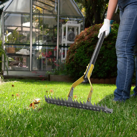 19 Tine Cold Pressed Steel Dethatcher Rake With 72 Inch Adjustable Handle in use on lawn near greenhouse