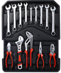969 Piece Home Repair Tool Set With Rolling Toolbox Storage Case showcasing wrenches and pliers in molded holder.