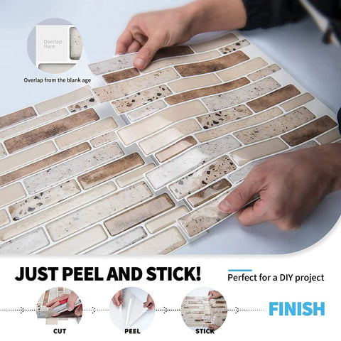 Hands applying Peel And Stick Brick Kitchen Backsplash Self Adhesive Wall Tiles Stone Design Brown 10 Sheets No Grout Mess Free